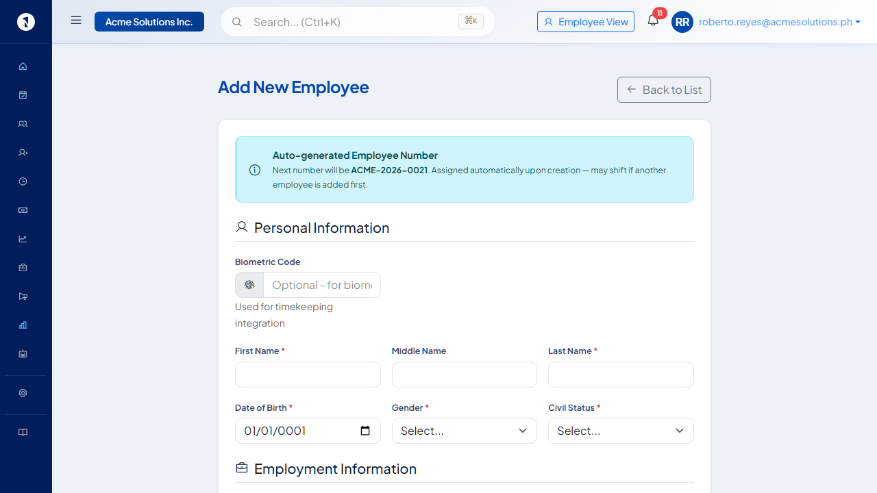 Add New Employee form showing Personal Information section with name, date of birth, gender and civil status fields, and Employment Information section below