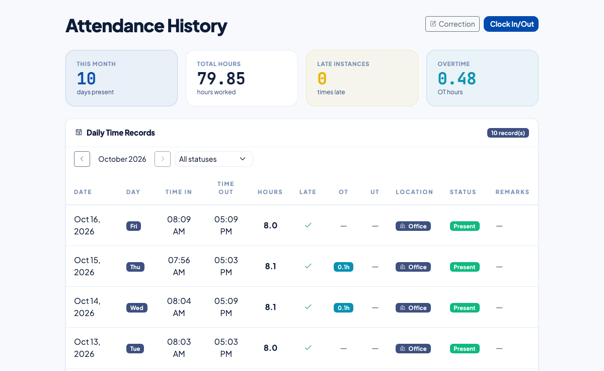 Attendance History in the Employee Portal