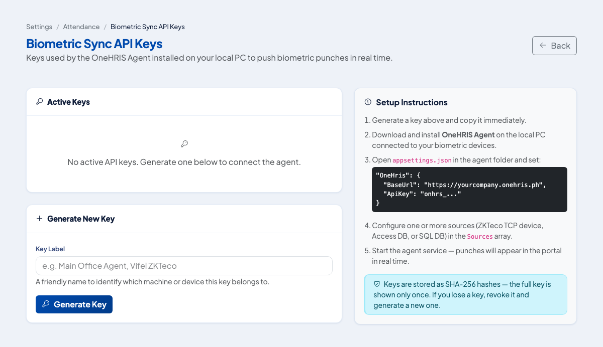 Biometric Sync API Keys page