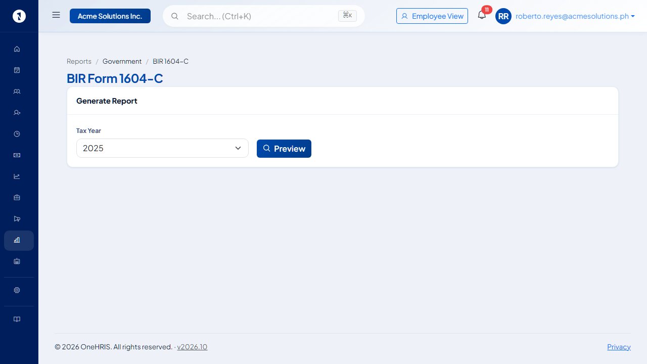 BIR Alphalist generation screen with year selector and employee count