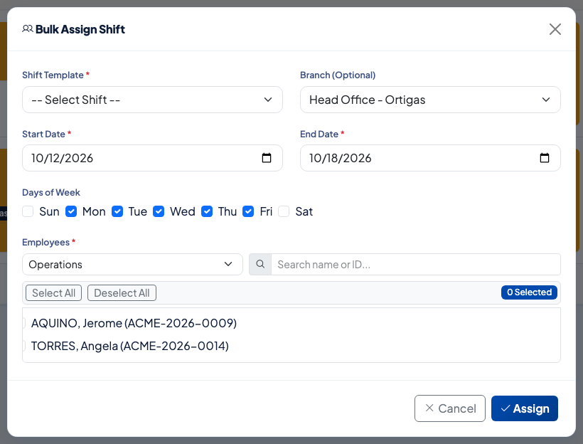 Bulk Assign Shift dialog