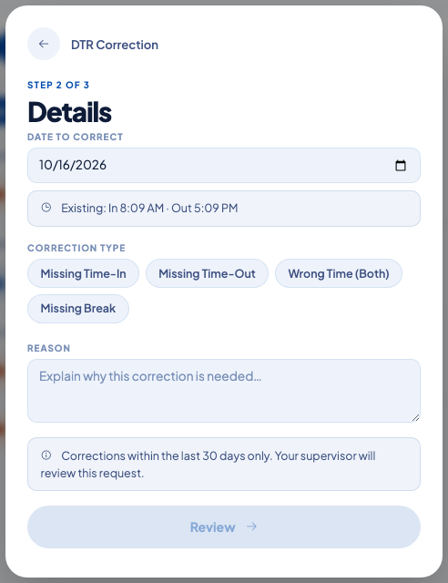 DTR correction form in the Employee Portal