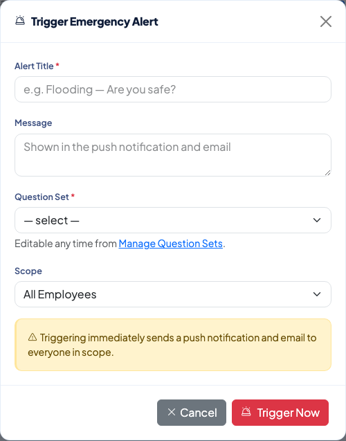 Trigger Emergency Alert form with title, message, question set and scope