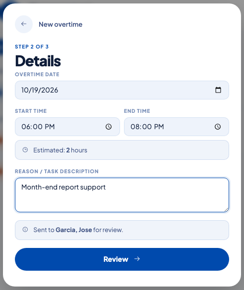 The overtime request form in the Employee Portal — the same form is used whether the date is a workday, rest day, or holiday