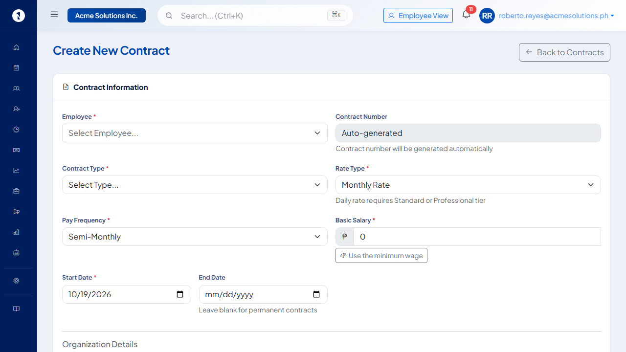 Create New Contract form showing Employee selector, Contract Type, Rate Type, Pay Frequency, Basic Salary, Start Date and End Date fields