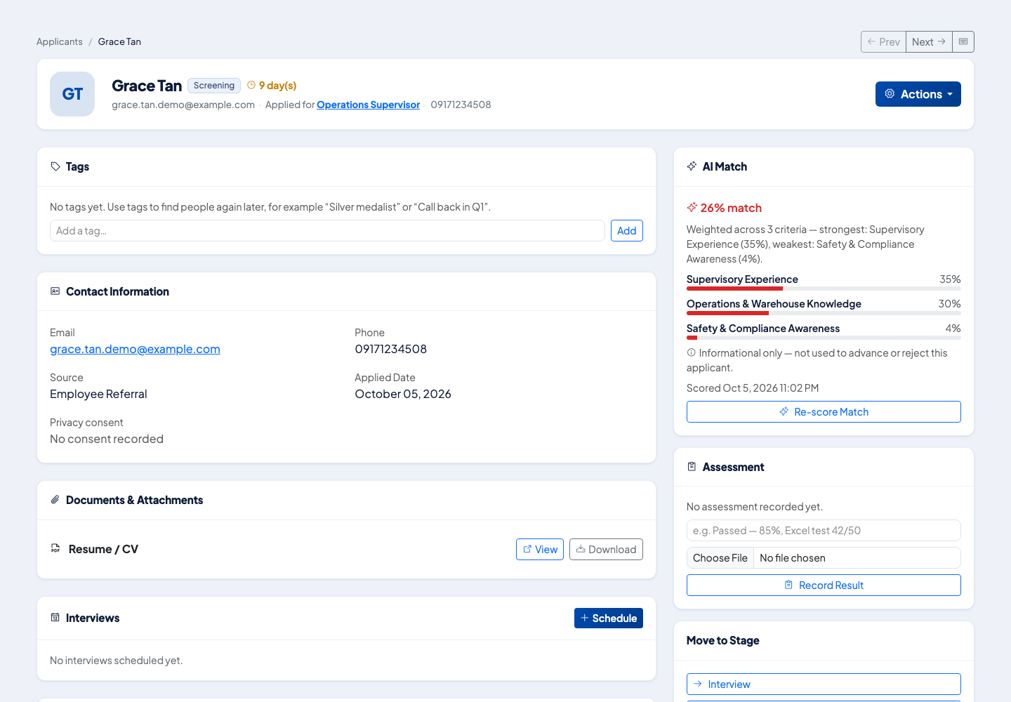 Applicant profile with contact details, AI Match, interviews and Move to Stage