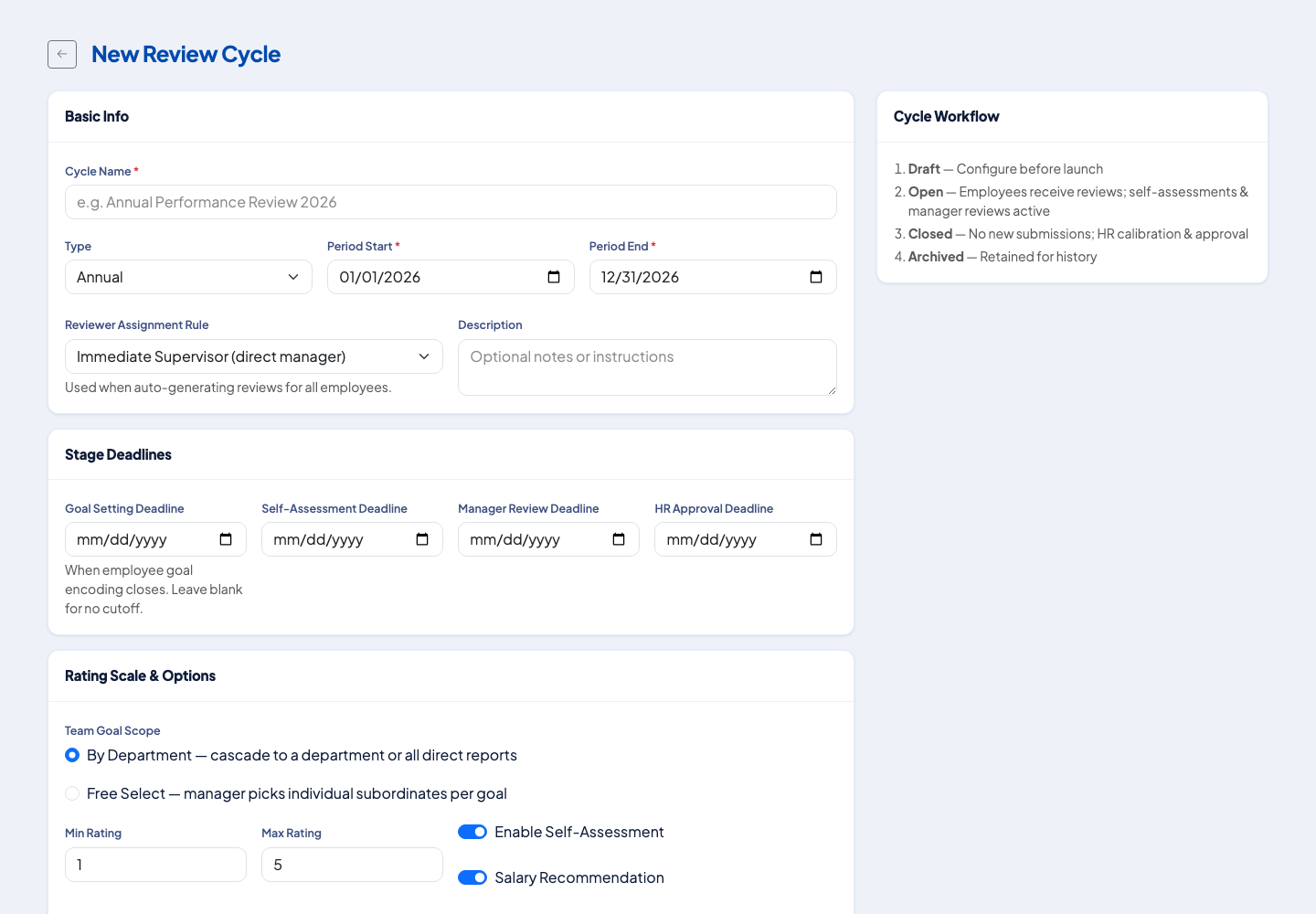 New Review Cycle form with basic info, stage deadlines and rating options