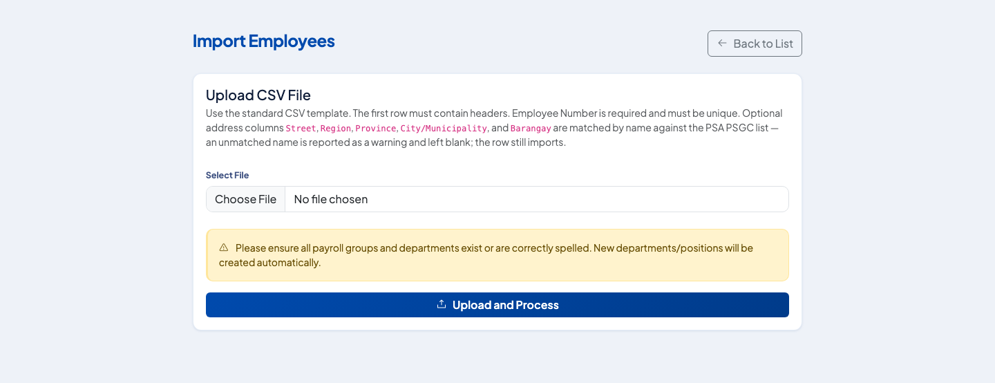 Import Employees page with the CSV upload and the notes on required columns