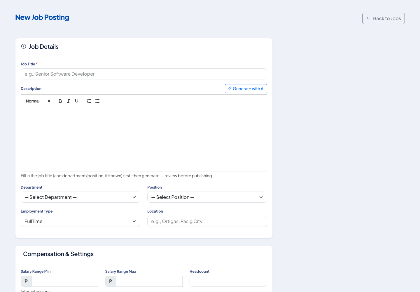 New Job Posting form with the job details and the Generate with AI button
