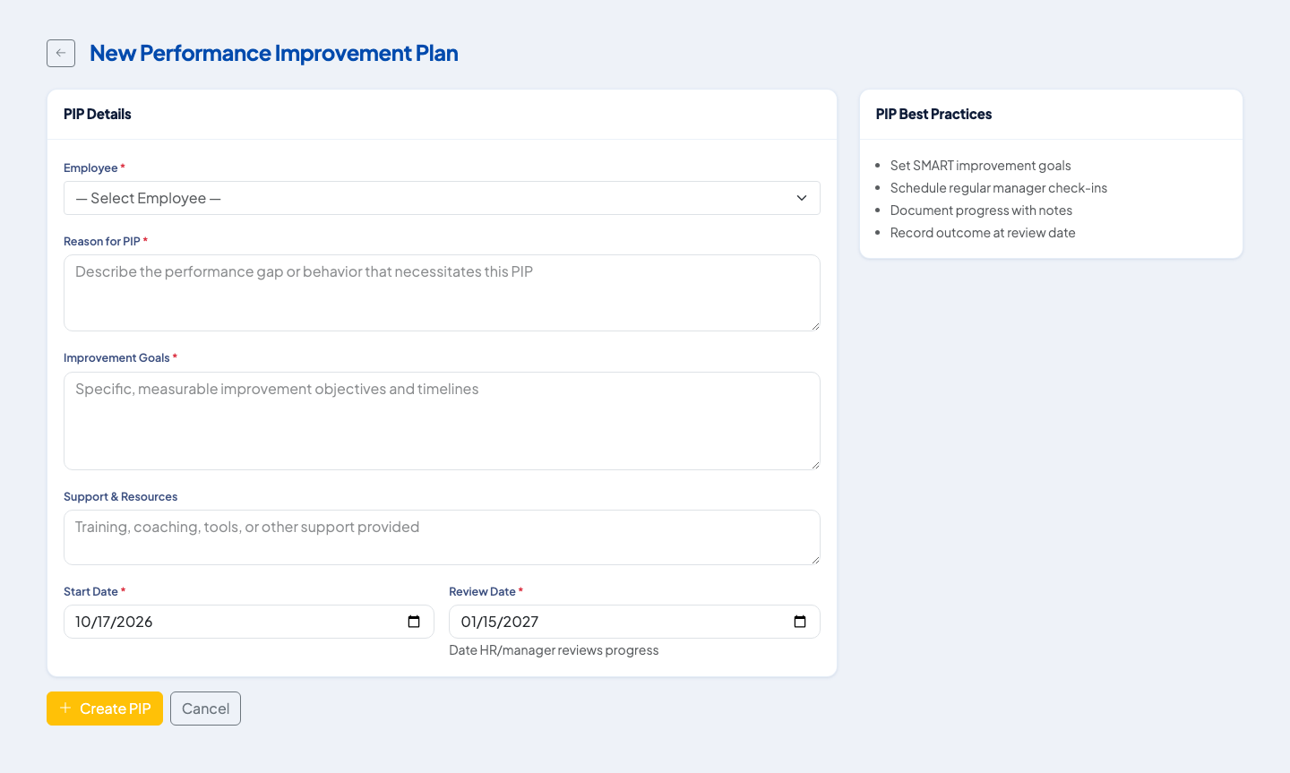 New Performance Improvement Plan form