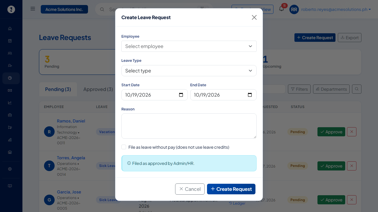 Create Leave Request modal with employee selector, leave type, start and end date, reason, and leave without pay option