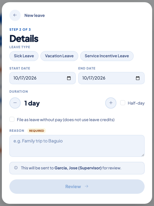 Leave form with the option to file as leave without pay