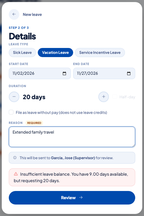Leave request showing an insufficient balance message