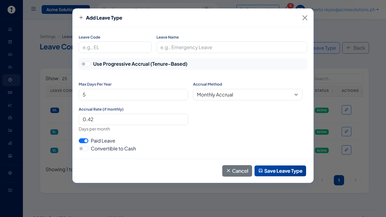 Add Leave Type modal with Leave Code, Leave Name, accrual settings, Paid Leave and Convertible to Cash toggles