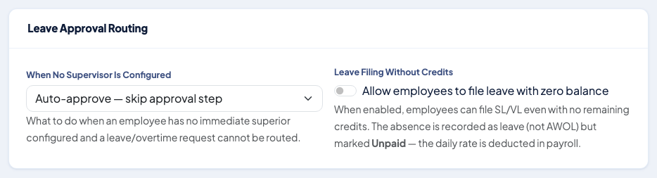 Company settings with the option to allow leave filing with zero balance