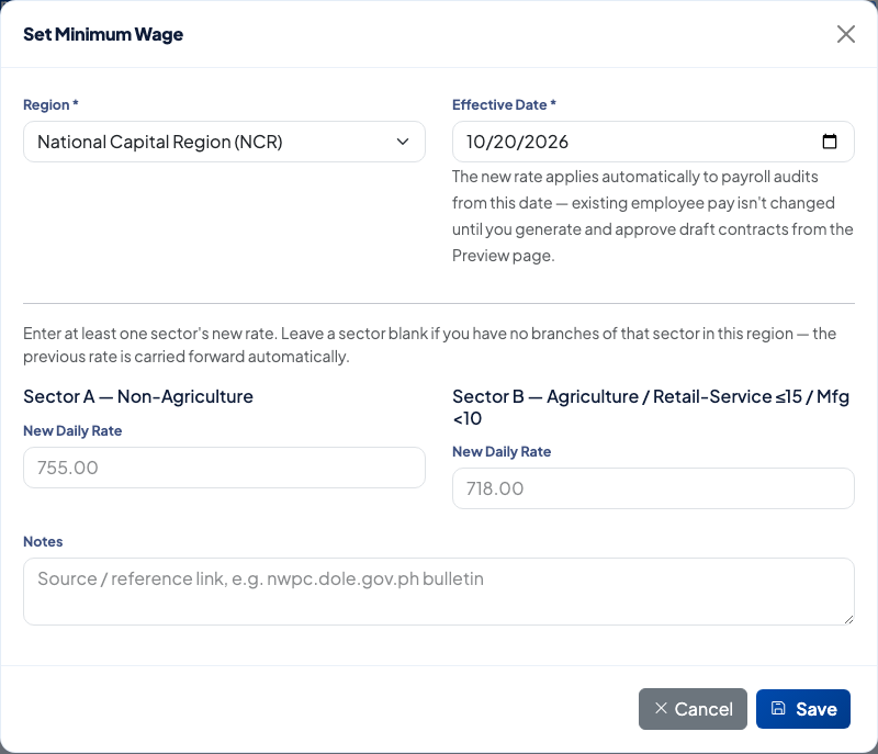 Set Minimum Wage form with region, effective date and the two sector rates