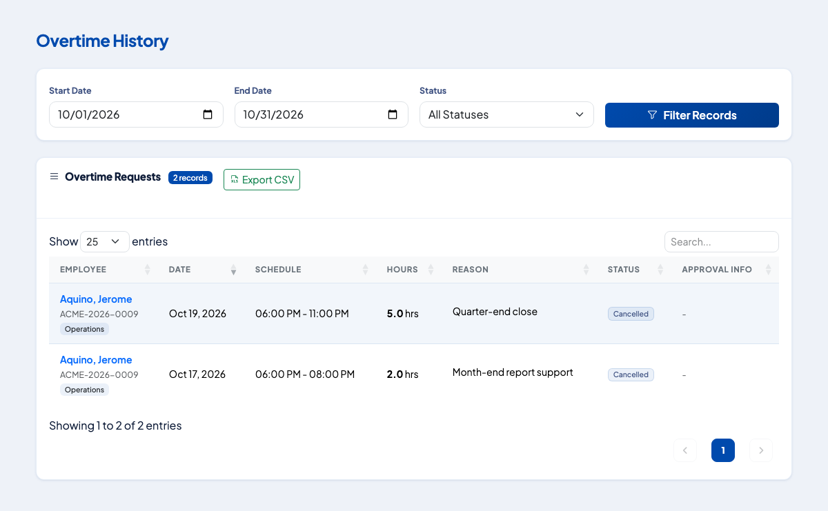 Overtime History for HR with filters, status and approval information