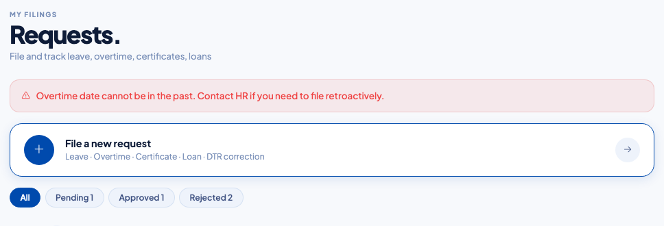 The message shown when overtime is filed for a past date