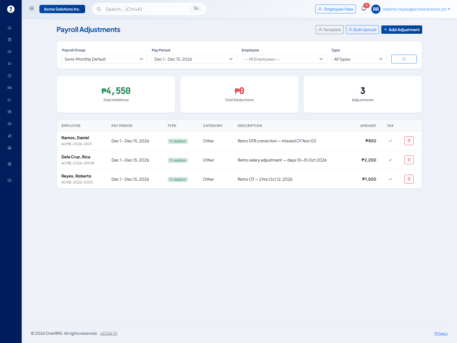Payroll Adjustments screen filtered to the Dec 1-15, 2026 pay period showing three retroactive entries — Retro DTR correction, Retro salary adjustment, and Retro OT — with their employees, categories, amounts, and taxable flag