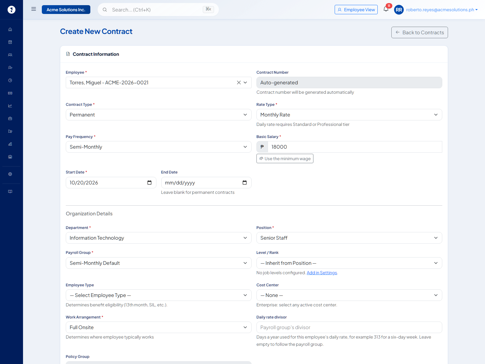 Contract change form with Rate Type, Pay Frequency, Basic Salary and Start Date (effective date) fields, created from an existing contract via Create a Change