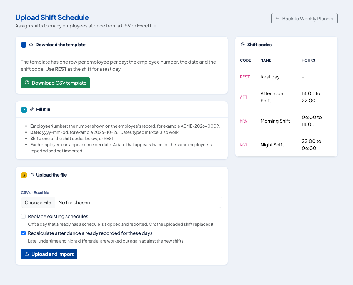 Upload Shift Schedule page with the template, instructions and shift codes