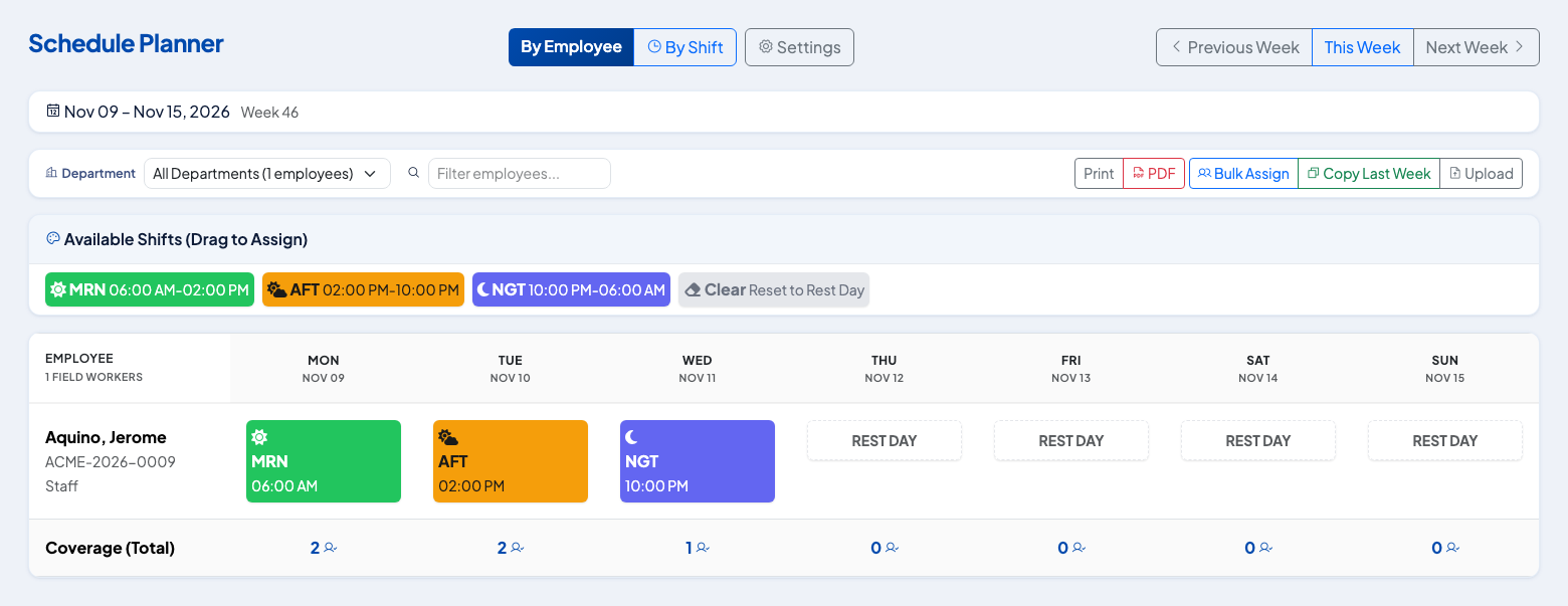 Weekly Planner showing the uploaded shifts and the Upload button