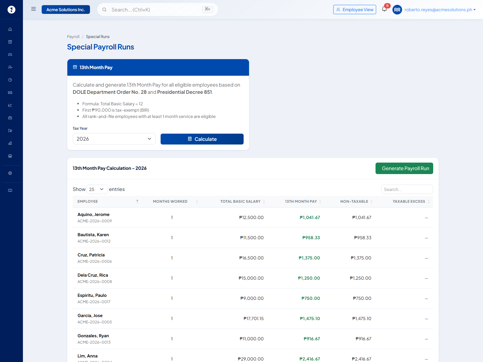 13th Month Pay Calculation table showing employees with Months Worked, Total Basic Salary, 13th Month Pay, Non-Taxable, and Taxable Excess columns