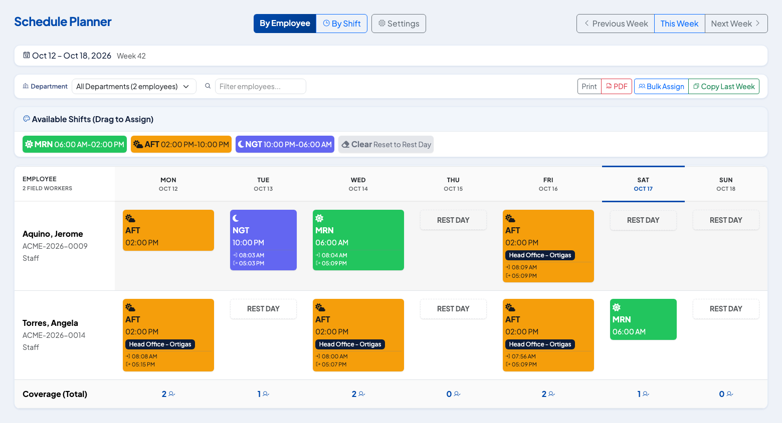 Weekly Planner showing shifts, rest days and attendance for the week