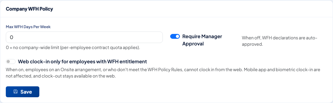 WFH General Settings with the weekly limit, manager approval and web clock-in options