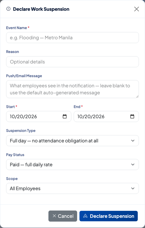Declare Work Suspension form with event name, dates, suspension type, pay status and scope